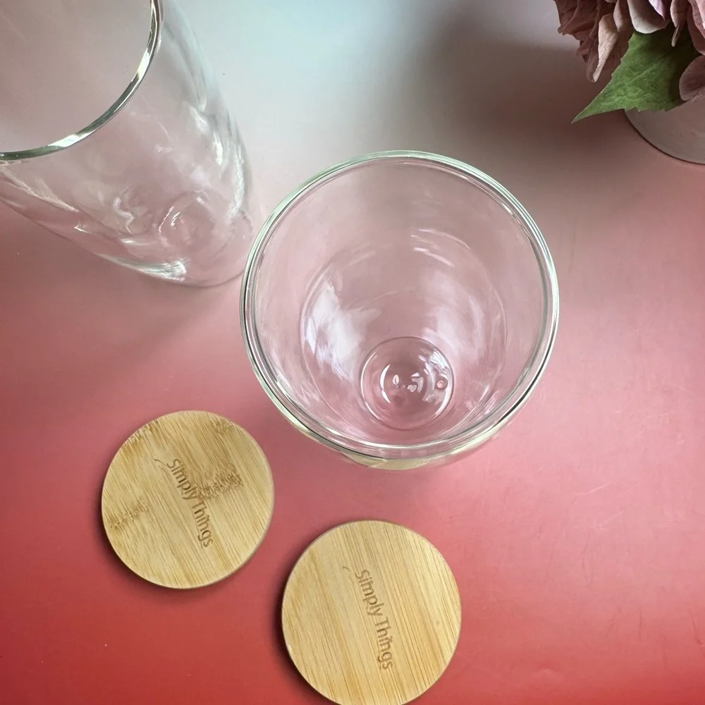 Double Walled Glass Tumblers With Bamboo Lid - set of 2. Approximately 26 ounce
